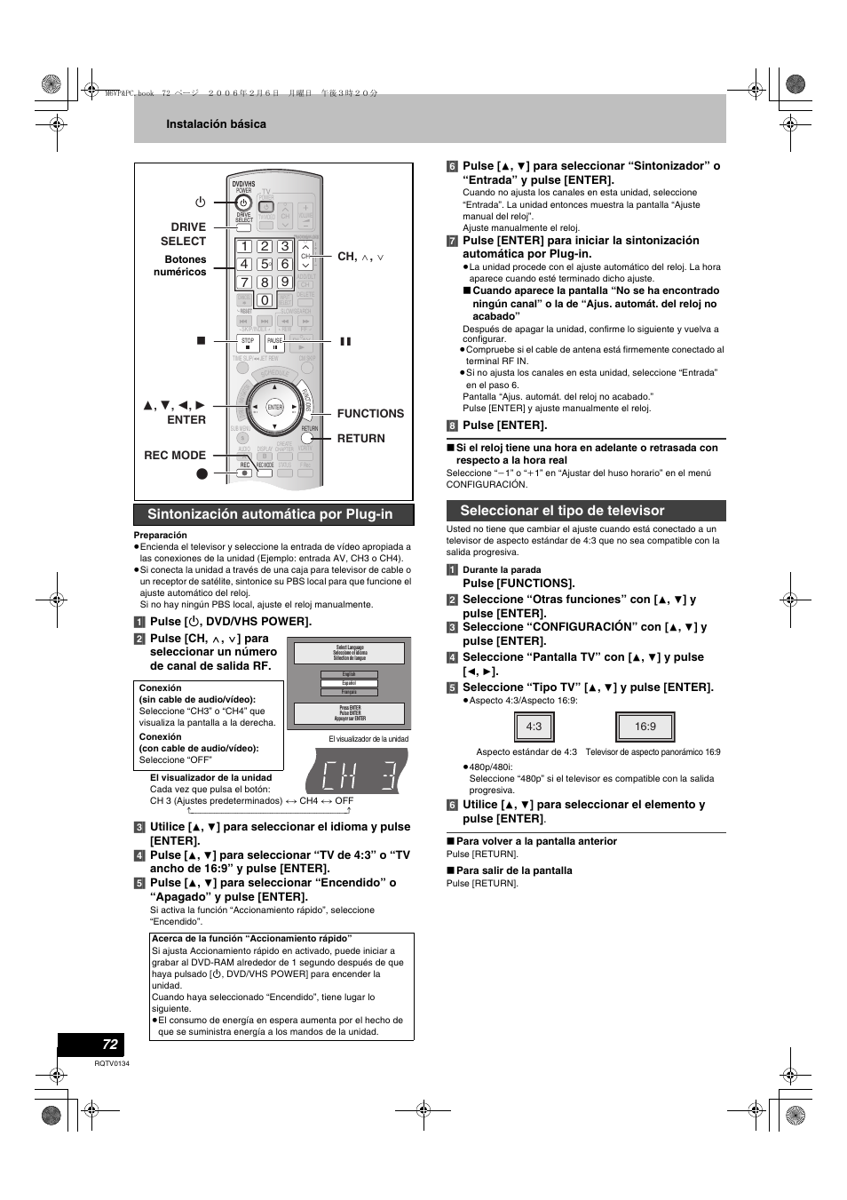 L 72), Sintonización automática por plug-in, Seleccionar el tipo de televisor | Panasonic DMR-ES35V User Manual | Page 72 / 80