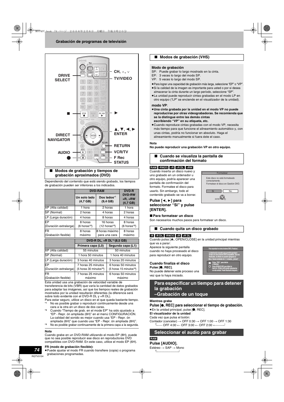 Grabación de programas de televisión, Pulse, Para seleccionar “si” y pulse [enter | Rec] para seleccionar el tiempo de grabación, Pulse [audio, Modos de grabación (vhs) | Panasonic DMR-ES35V User Manual | Page 74 / 80