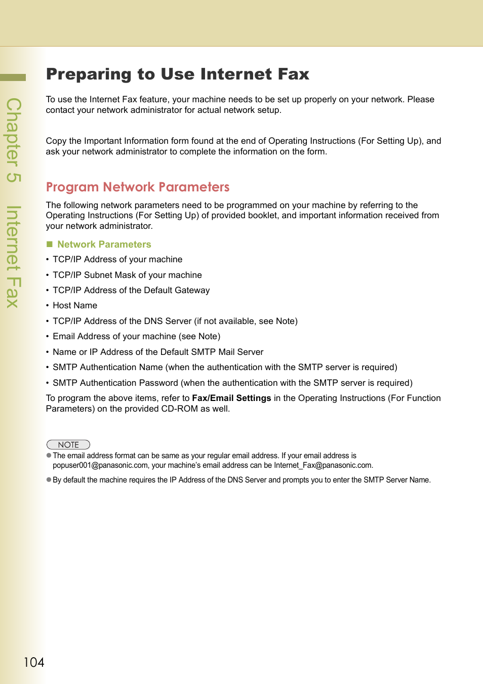 Preparing to use internet fax, Program network parameters, Cha pter 5 internet f ax | Panasonic DP-C354 User Manual | Page 104 / 220