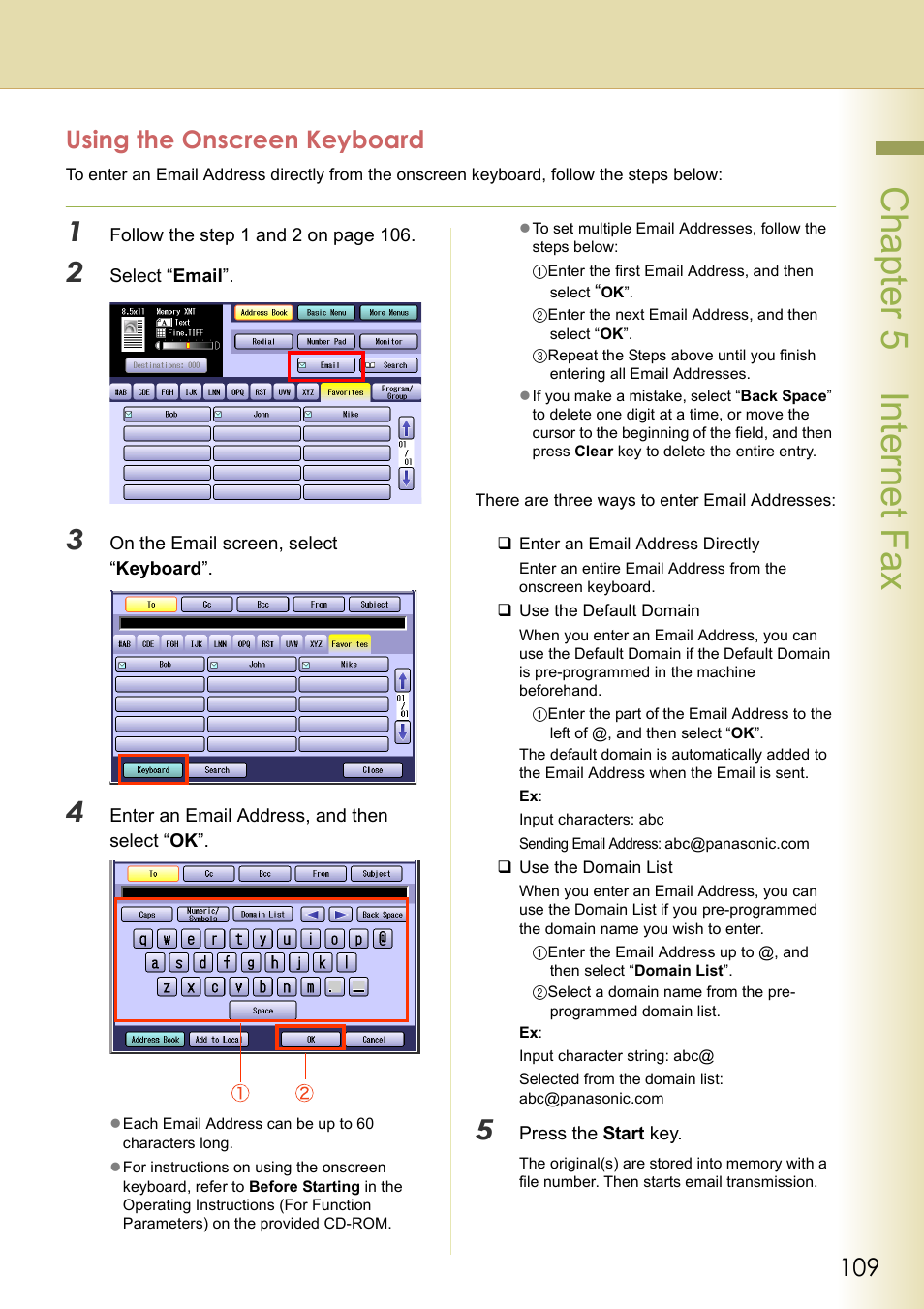 Using the onscreen keyboard, Cha pter 5 internet f ax | Panasonic DP-C354 User Manual | Page 109 / 220