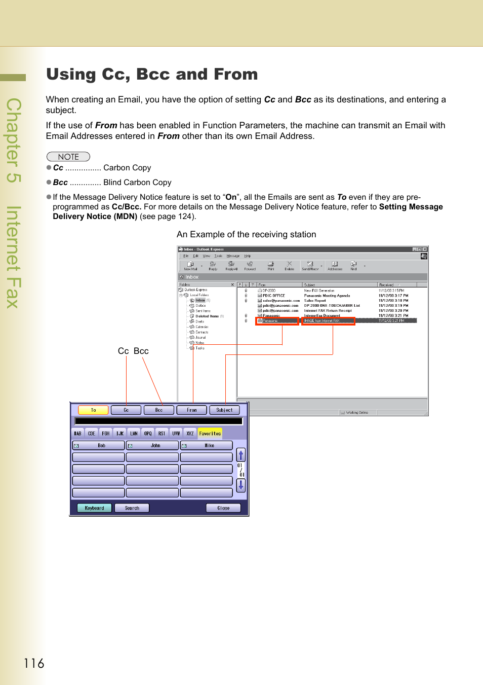 Using cc, bcc and from, Cha pter 5 internet f ax | Panasonic DP-C354 User Manual | Page 116 / 220