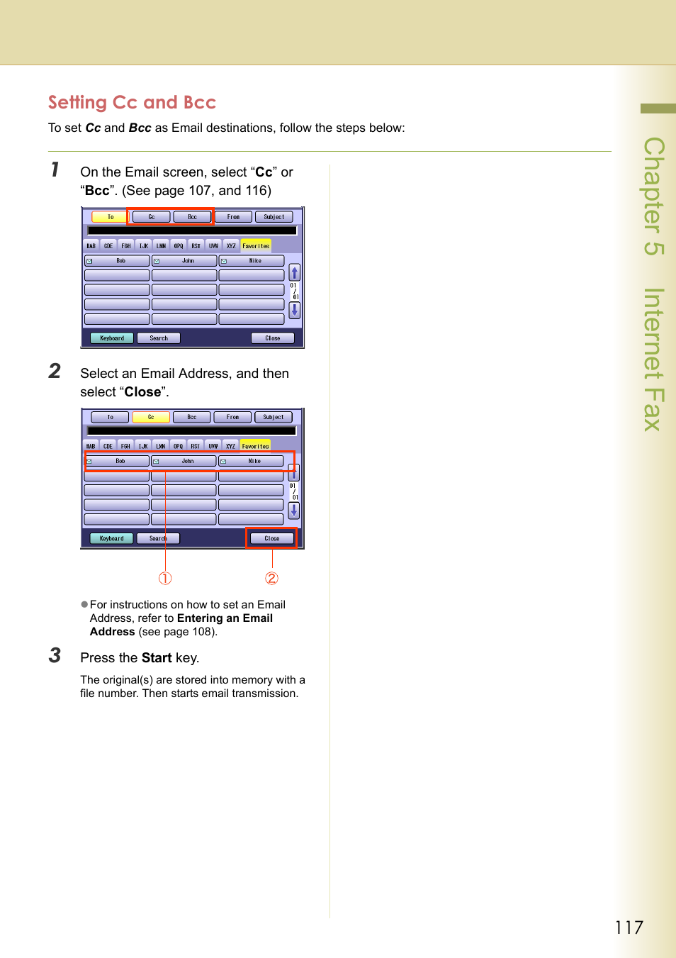 Setting cc and bcc, Cha pter 5 internet f ax | Panasonic DP-C354 User Manual | Page 117 / 220