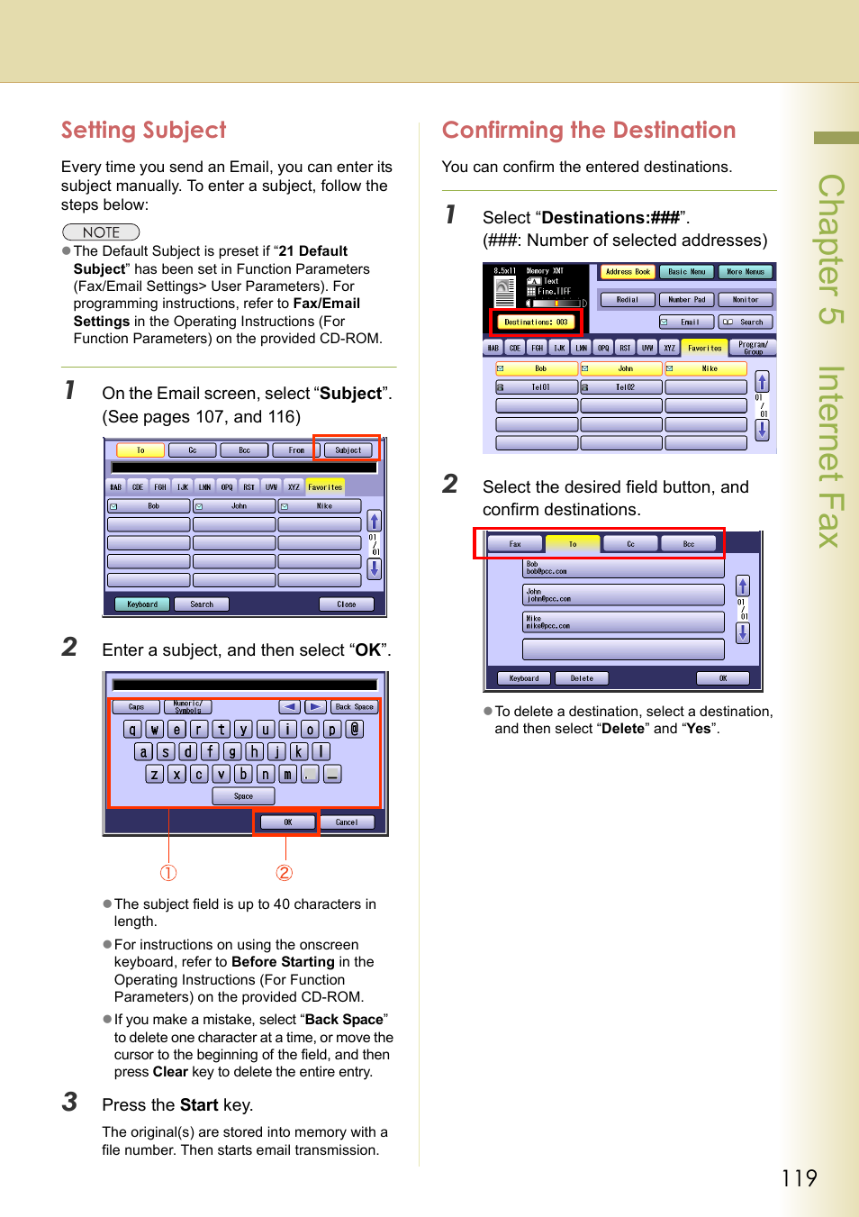 Setting subject, Confirming the destination, Setting subject confirming the destination | Cha pter 5 internet f ax | Panasonic DP-C354 User Manual | Page 119 / 220