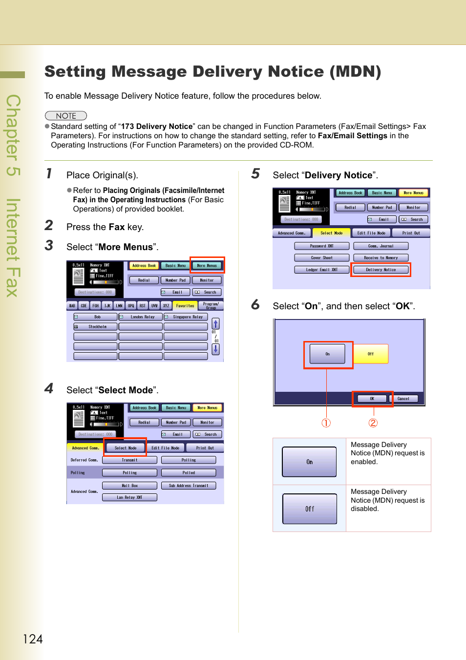 Setting message delivery notice (mdn), Cha pter 5 internet f ax | Panasonic DP-C354 User Manual | Page 124 / 220