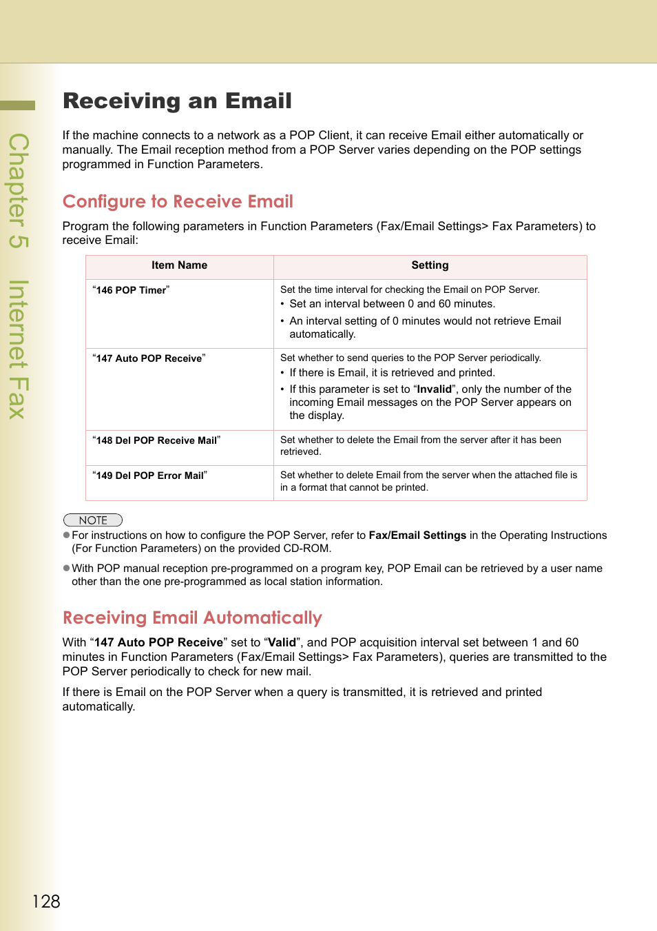 Receiving an email, Configure to receive email, Receiving email automatically | Cha pter 5 internet f ax | Panasonic DP-C354 User Manual | Page 128 / 220