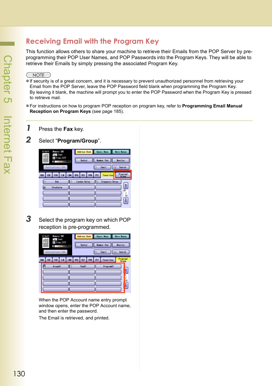 Receiving email with the program key, Cha pter 5 internet f ax | Panasonic DP-C354 User Manual | Page 130 / 220