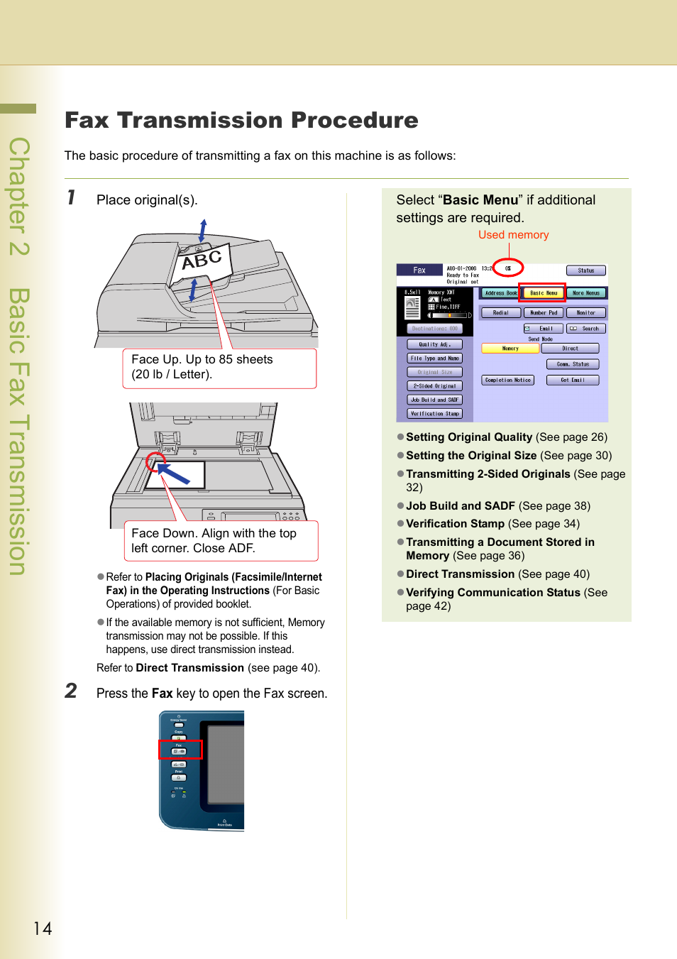 Basic fax transmission, Fax transmission procedure, Chapter 2 basic fax transmission | Panasonic DP-C354 User Manual | Page 14 / 220