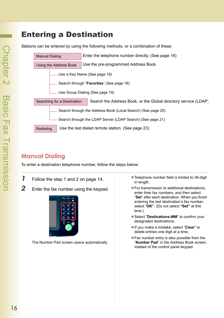 Entering a destination, Manual dialing, Chapter 2 basic fax transmission | Panasonic DP-C354 User Manual | Page 16 / 220