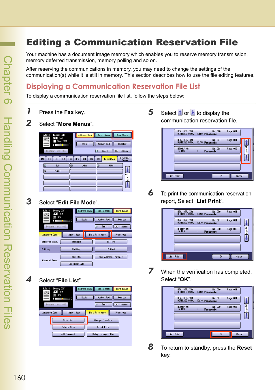 Handling communication reservation files, Editing a communication reservation file, Displaying a communication reservation file list | Chapter 6 handling communication reservation files | Panasonic DP-C354 User Manual | Page 160 / 220