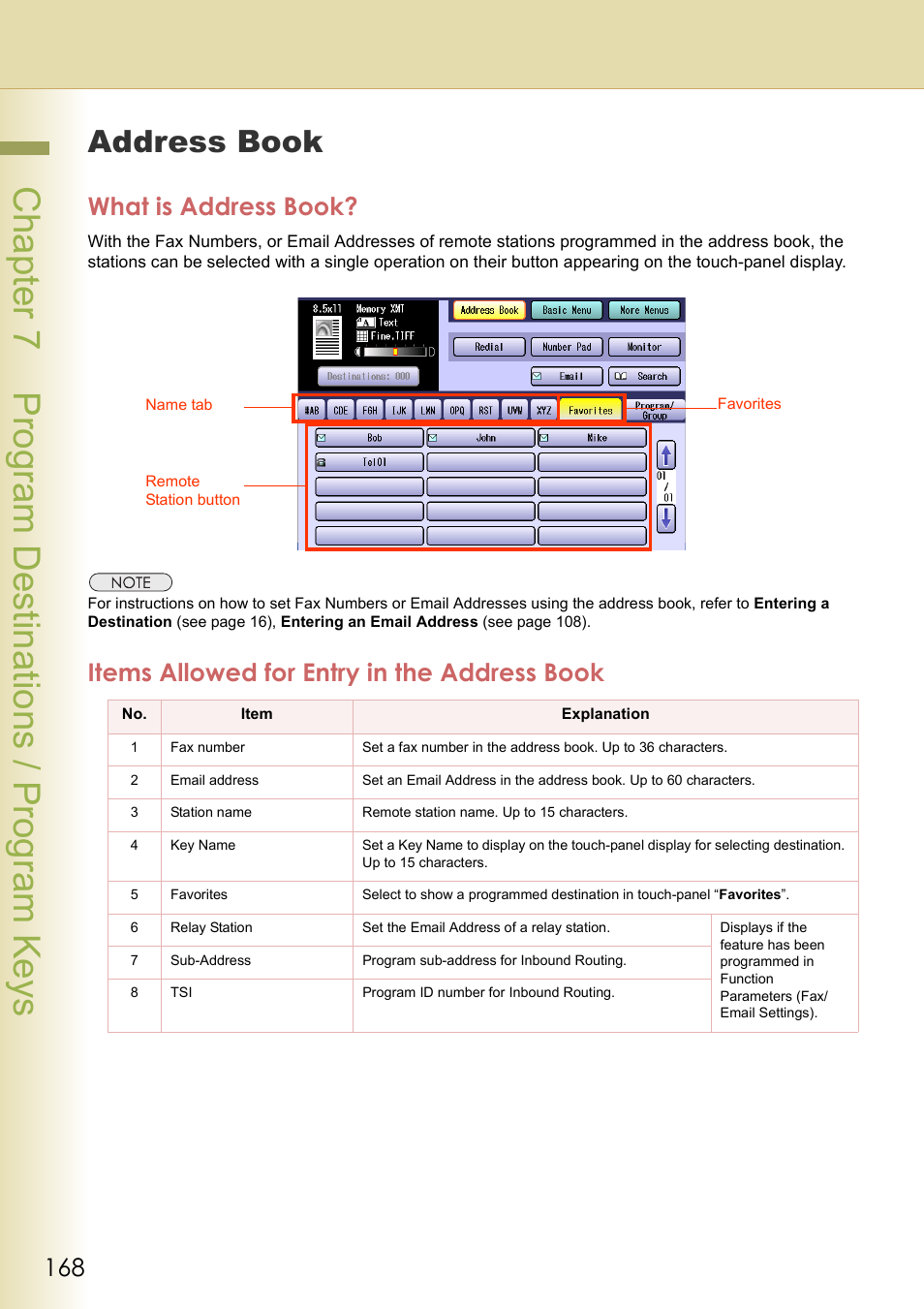 Program destinations / program keys, Address book, What is address book | Items allowed for entry in the address book, Chapter 7 program destinations / program keys, Chapter 7 program de stinations / program keys | Panasonic DP-C354 User Manual | Page 168 / 220