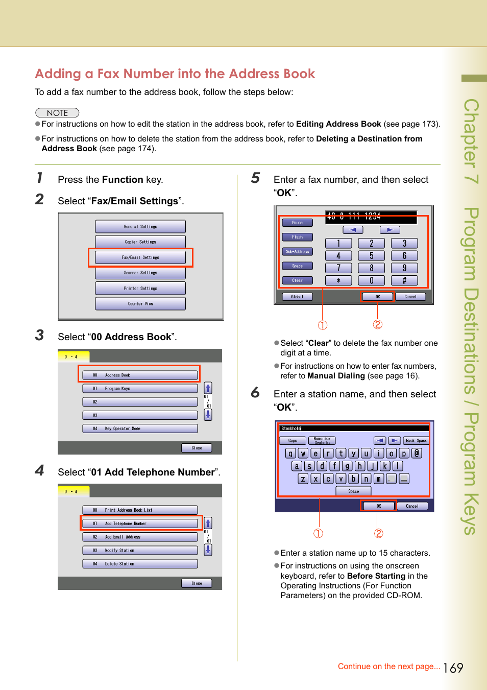 Adding a fax number into the address book, Chapter 7 program de stinations / program keys | Panasonic DP-C354 User Manual | Page 169 / 220