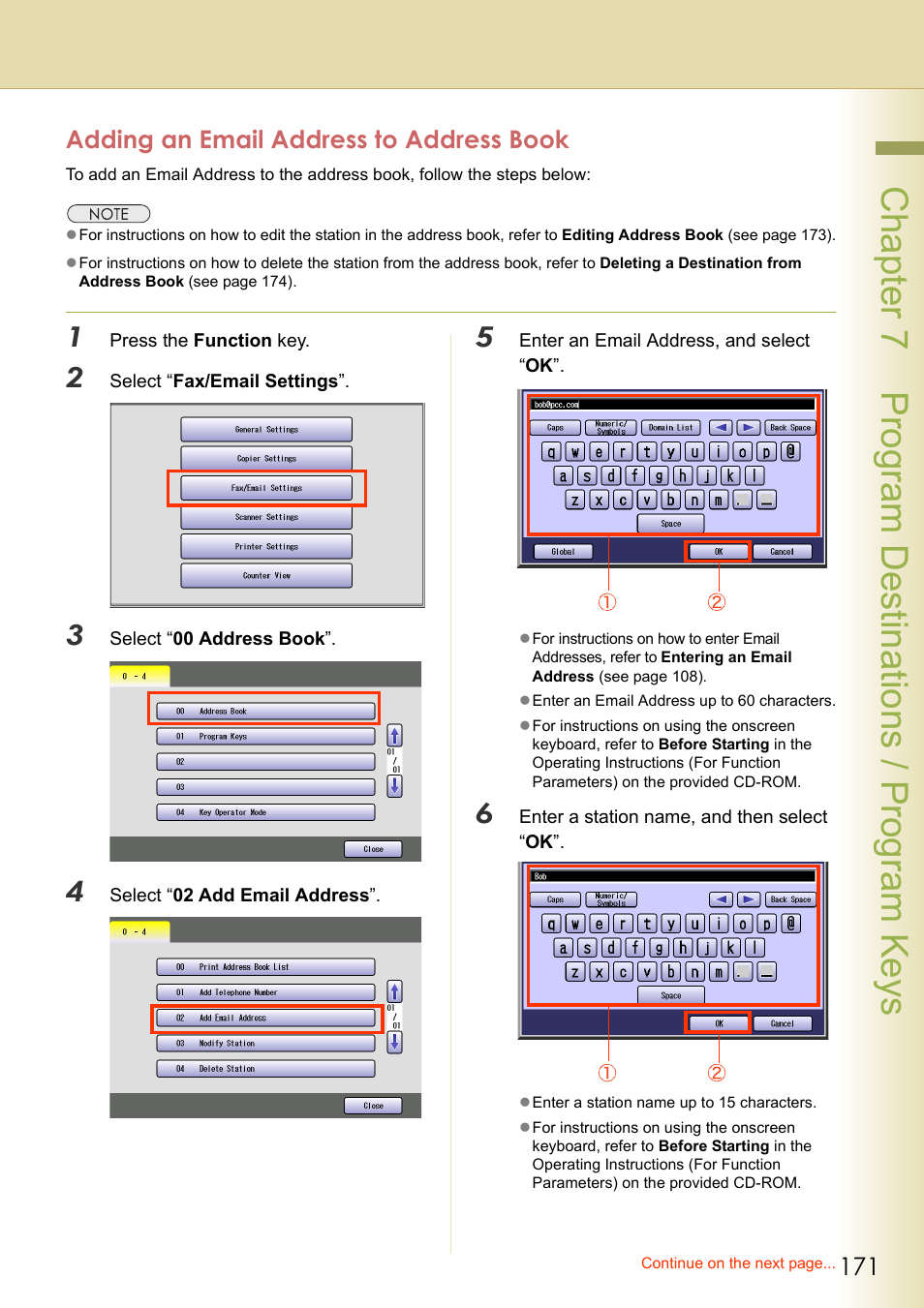 Adding an email address to address book, Chapter 7 program de stinations / program keys | Panasonic DP-C354 User Manual | Page 171 / 220