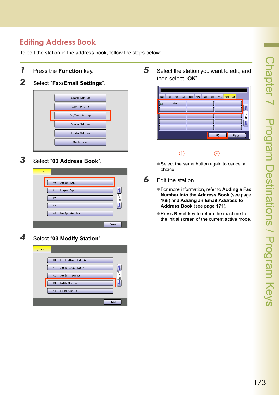 Editing address book, Chapter 7 program de stinations / program keys | Panasonic DP-C354 User Manual | Page 173 / 220
