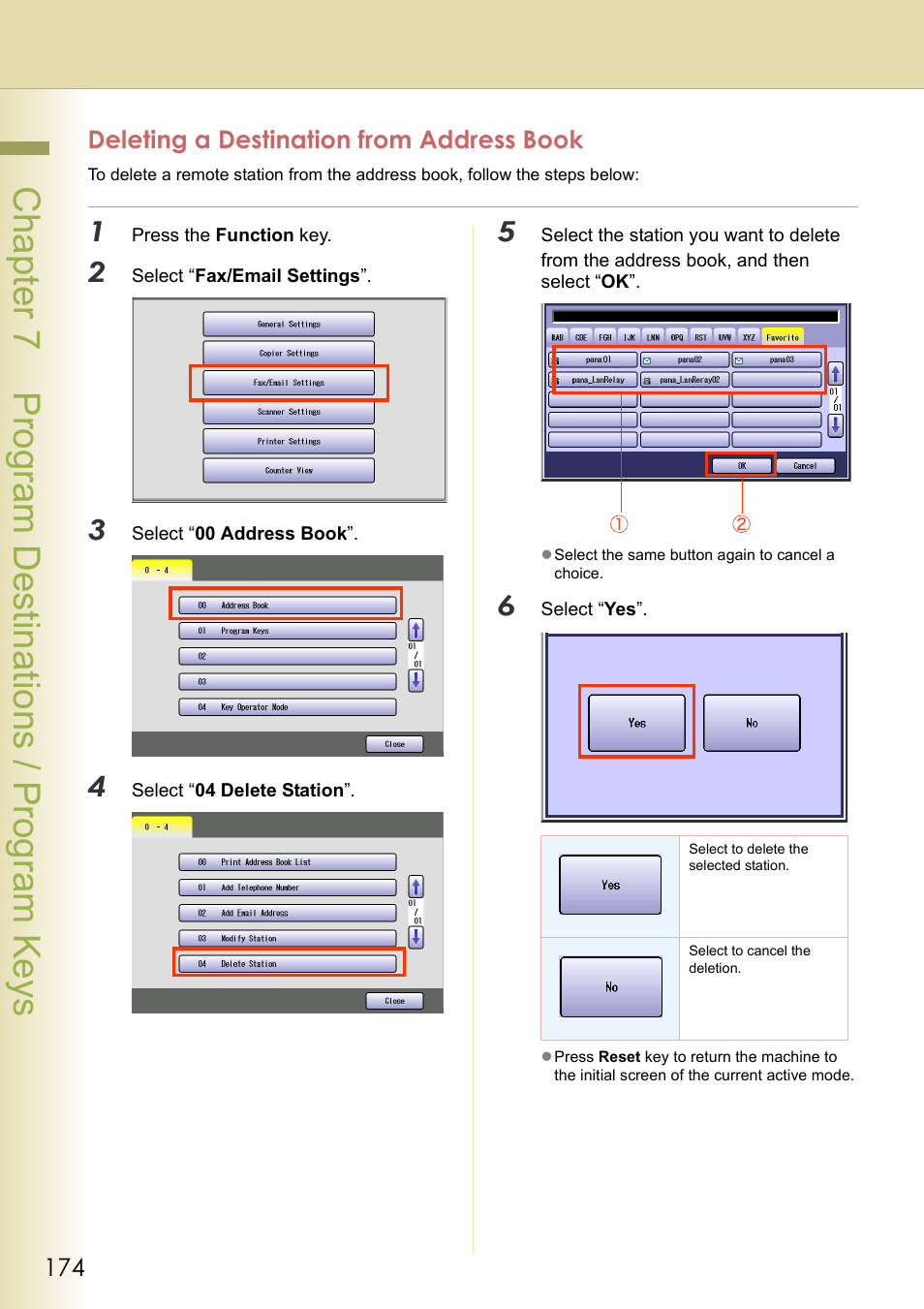 Deleting a destination from address book, Chapter 7 program de stinations / program keys | Panasonic DP-C354 User Manual | Page 174 / 220
