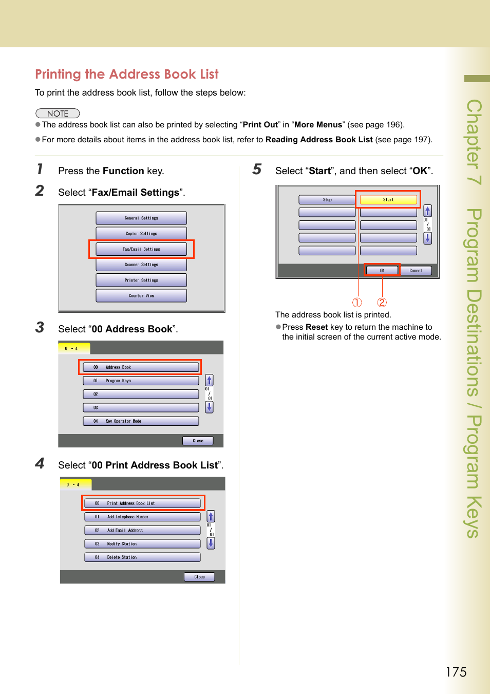 Printing the address book list, Chapter 7 program de stinations / program keys | Panasonic DP-C354 User Manual | Page 175 / 220