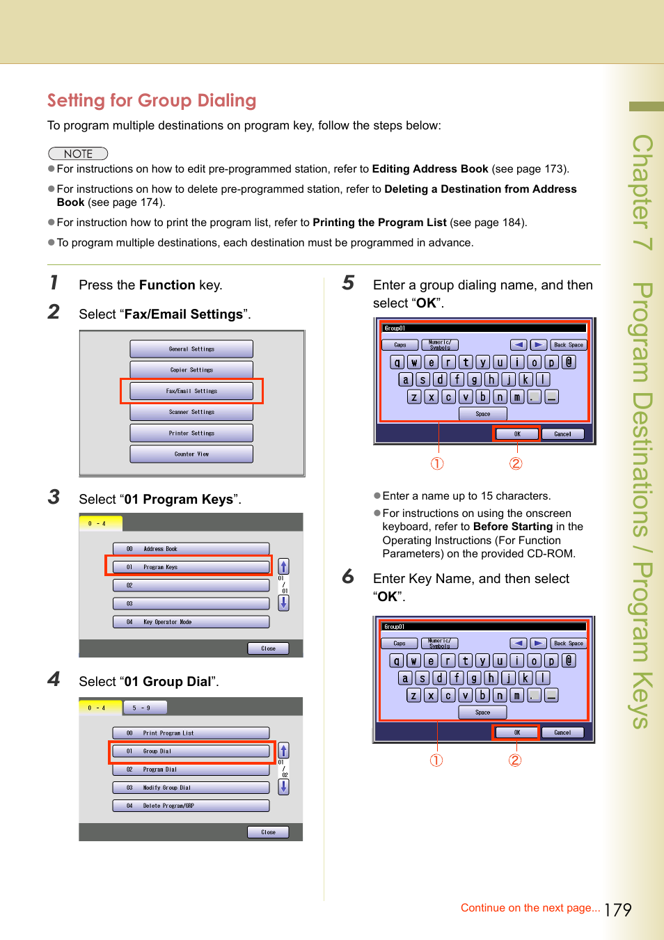 Setting for group dialing, Chapter 7 program de stinations / program keys | Panasonic DP-C354 User Manual | Page 179 / 220