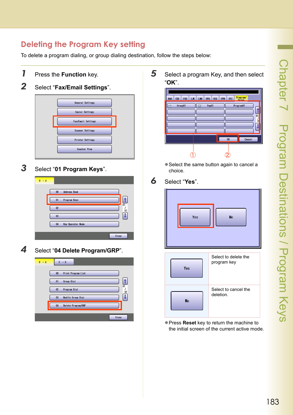 Deleting the program key setting, Chapter 7 program de stinations / program keys | Panasonic DP-C354 User Manual | Page 183 / 220