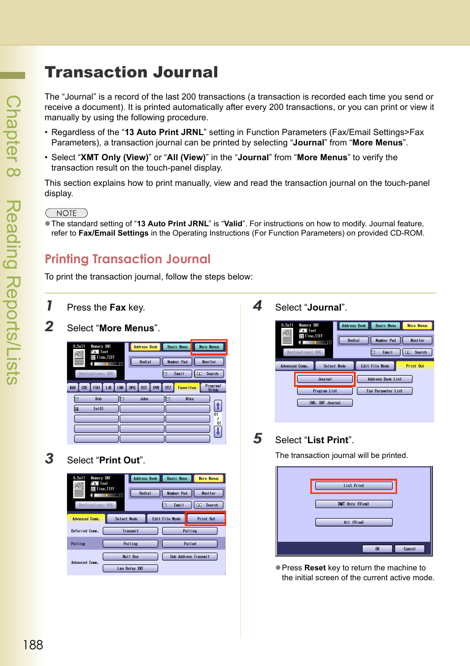 Reading reports/lists, Transaction journal, Printing transaction journal | Chapter 8 reading reports/lists, Chapt er 8 r eadi ng r epor ts/ li st s | Panasonic DP-C354 User Manual | Page 188 / 220