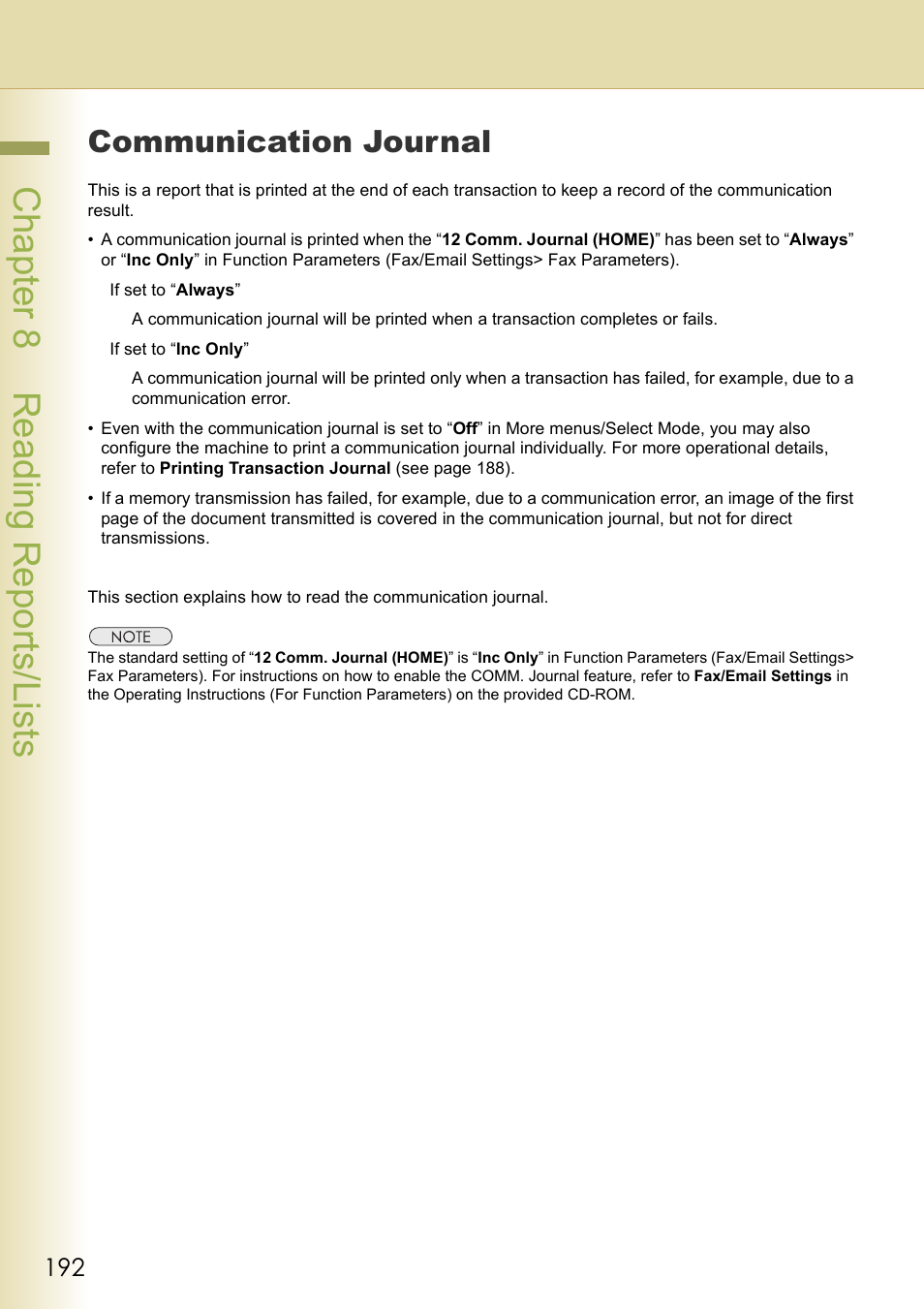 Communication journal, Chapt er 8 r eadi ng r epor ts/ li st s | Panasonic DP-C354 User Manual | Page 192 / 220
