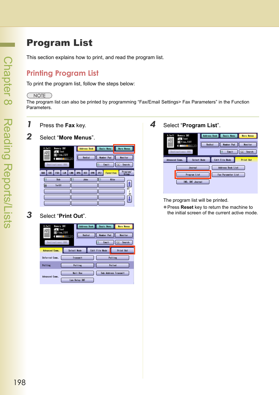 Program list, Printing program list, Chapt er 8 r eadi ng r epor ts/ li st s | Panasonic DP-C354 User Manual | Page 198 / 220