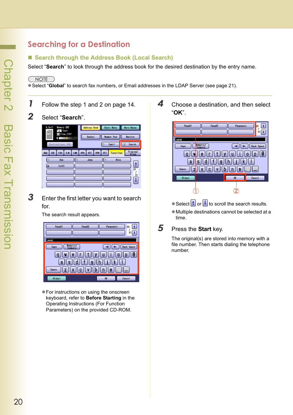 Searching for a destination, Chapter 2 basic fax transmission | Panasonic DP-C354 User Manual | Page 20 / 220