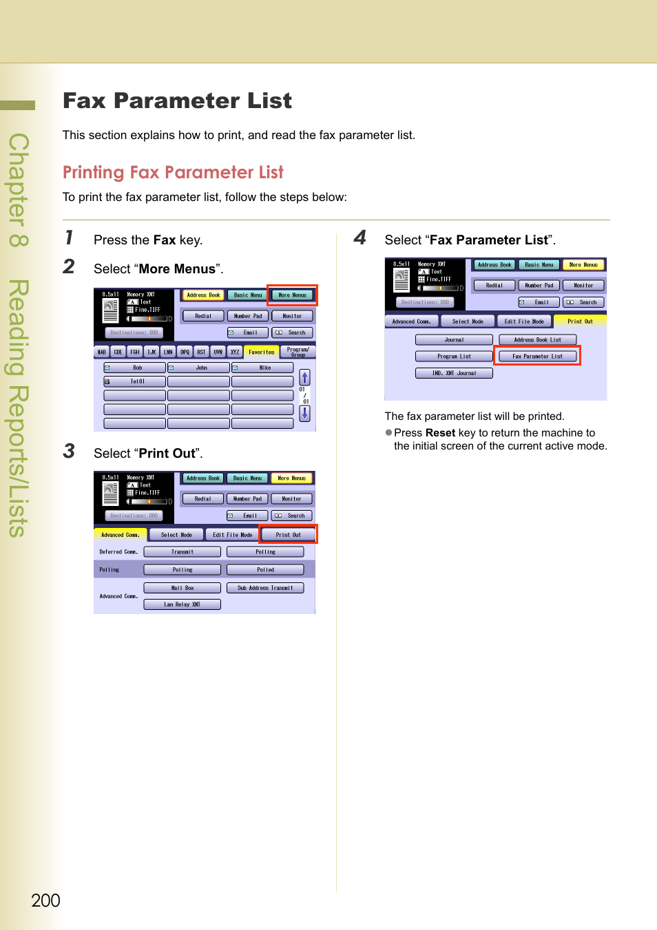 Fax parameter list, Printing fax parameter list, Chapt er 8 r eadi ng r epor ts/ li st s | Panasonic DP-C354 User Manual | Page 200 / 220