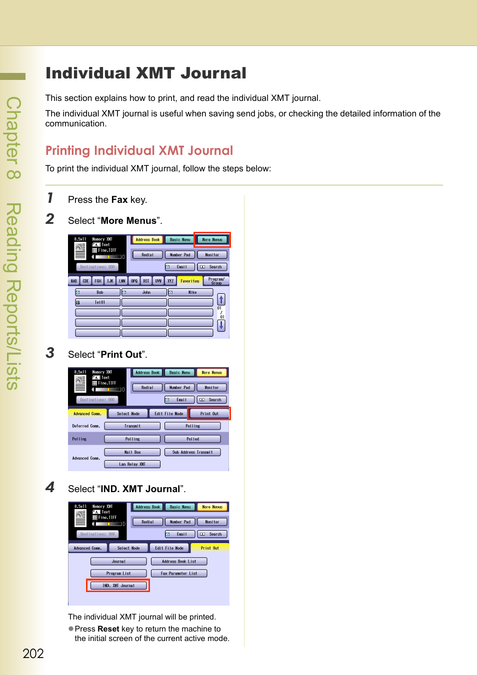 Individual xmt journal, Printing individual xmt journal, Chapt er 8 r eadi ng r epor ts/ li st s | Panasonic DP-C354 User Manual | Page 202 / 220
