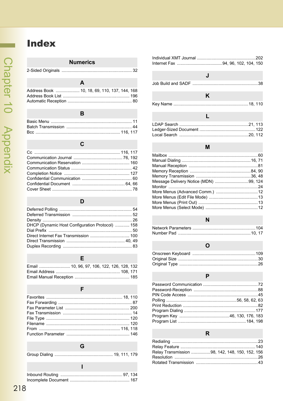 Index, Chapter 10 appendix | Panasonic DP-C354 User Manual | Page 218 / 220
