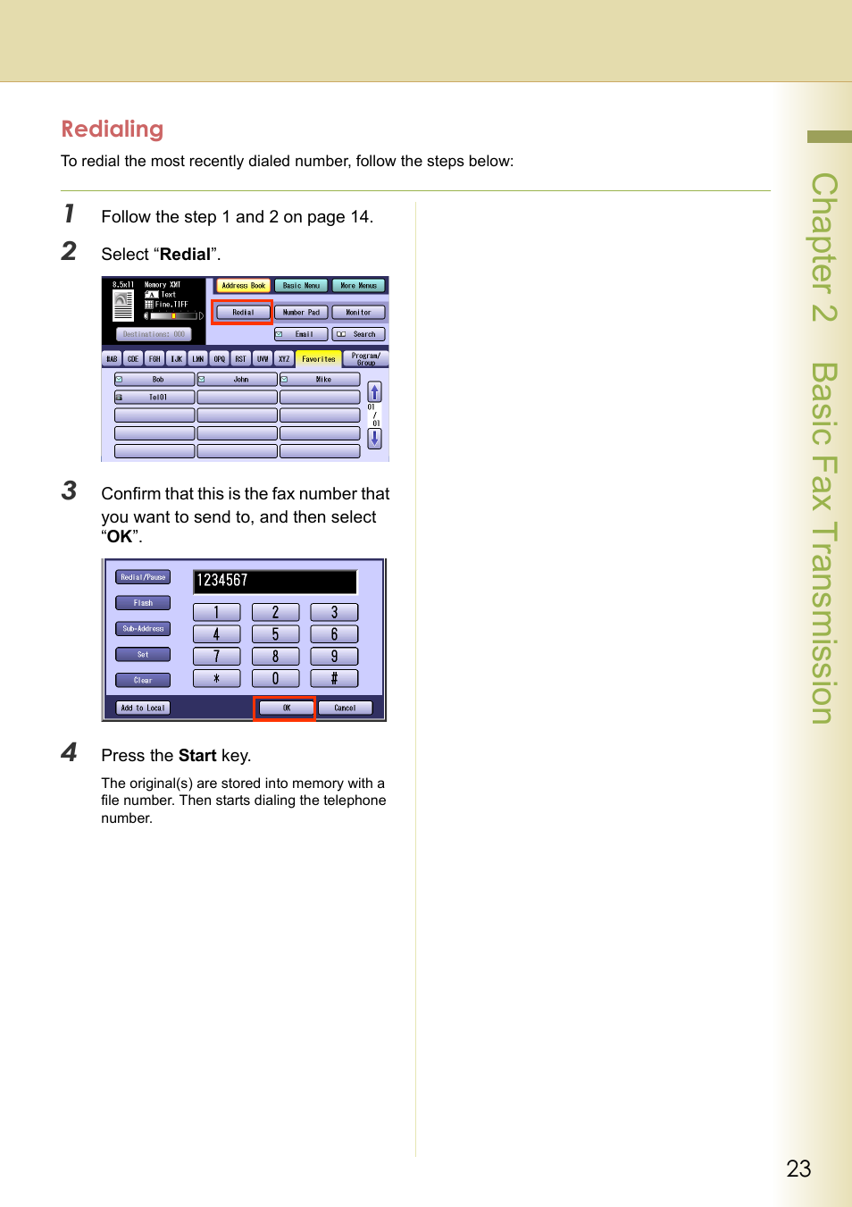 Redialing, Chapter 2 basic fax transmission | Panasonic DP-C354 User Manual | Page 23 / 220
