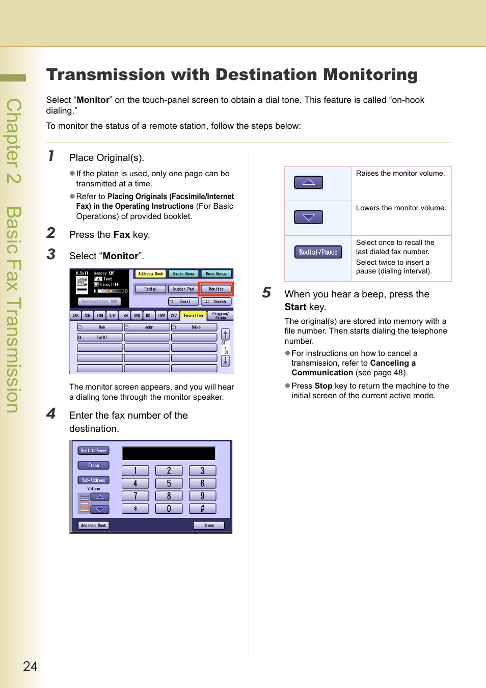 Transmission with destination monitoring, Chapter 2 basic fax transmission | Panasonic DP-C354 User Manual | Page 24 / 220