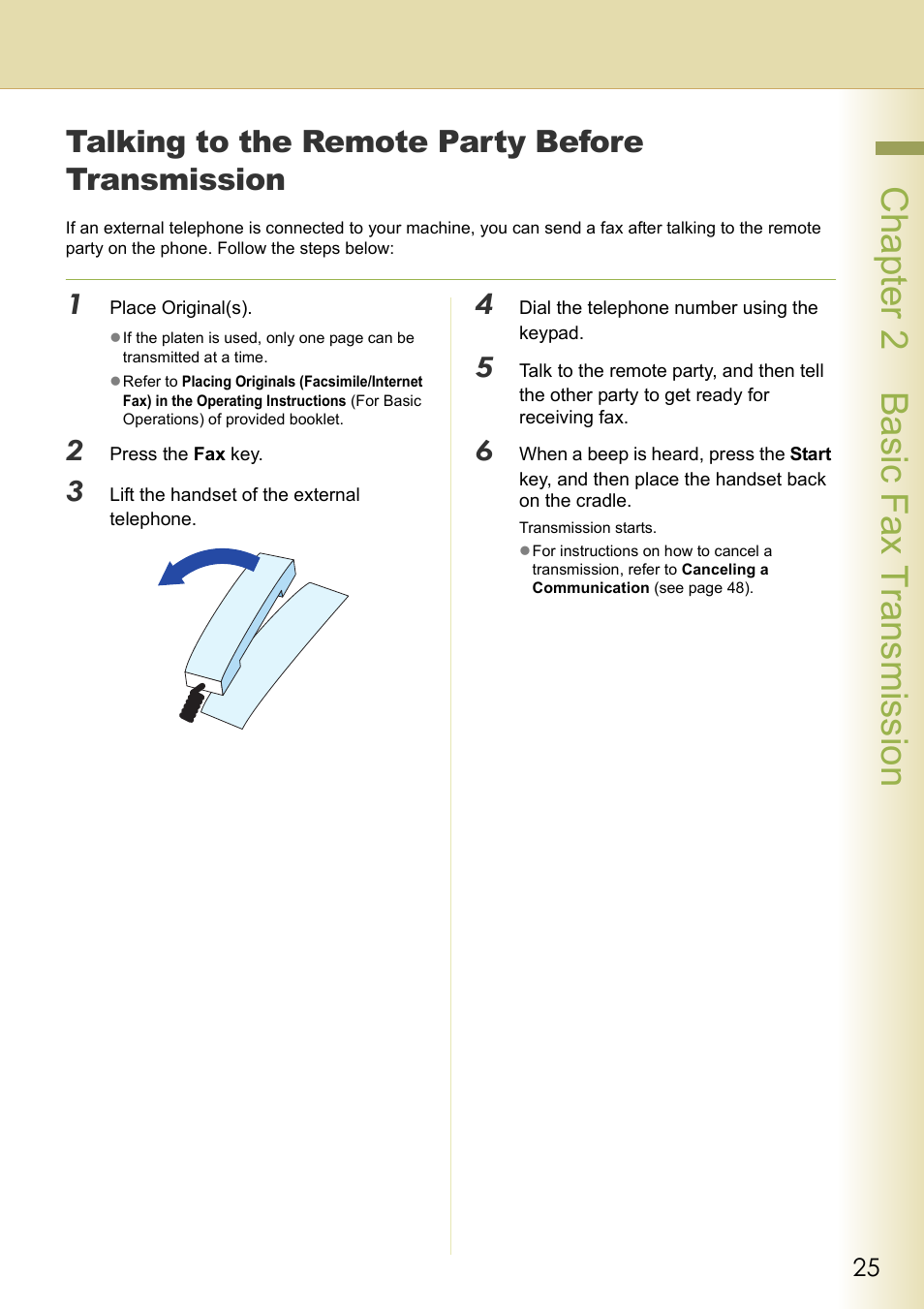 Talking to the remote party before transmission, Chapter 2 basic fax transmission | Panasonic DP-C354 User Manual | Page 25 / 220