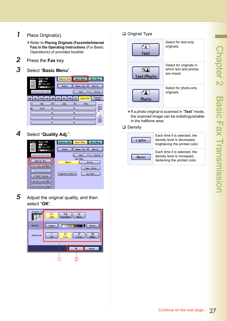 Chapter 2 basic fax transmission | Panasonic DP-C354 User Manual | Page 27 / 220