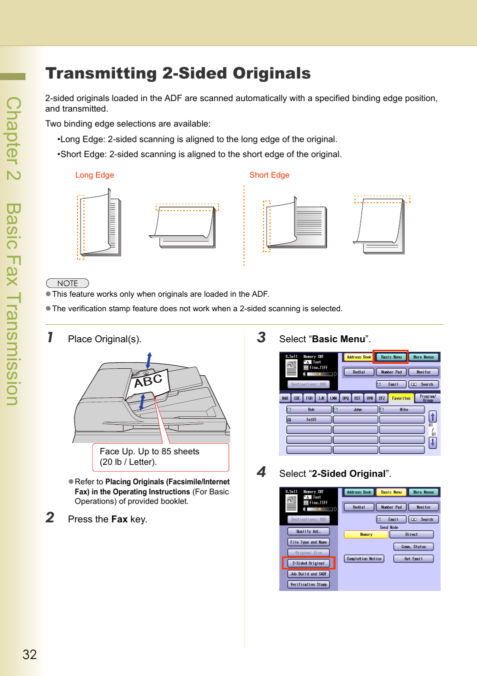 Transmitting 2-sided originals, Chapter 2 basic fax transmission | Panasonic DP-C354 User Manual | Page 32 / 220