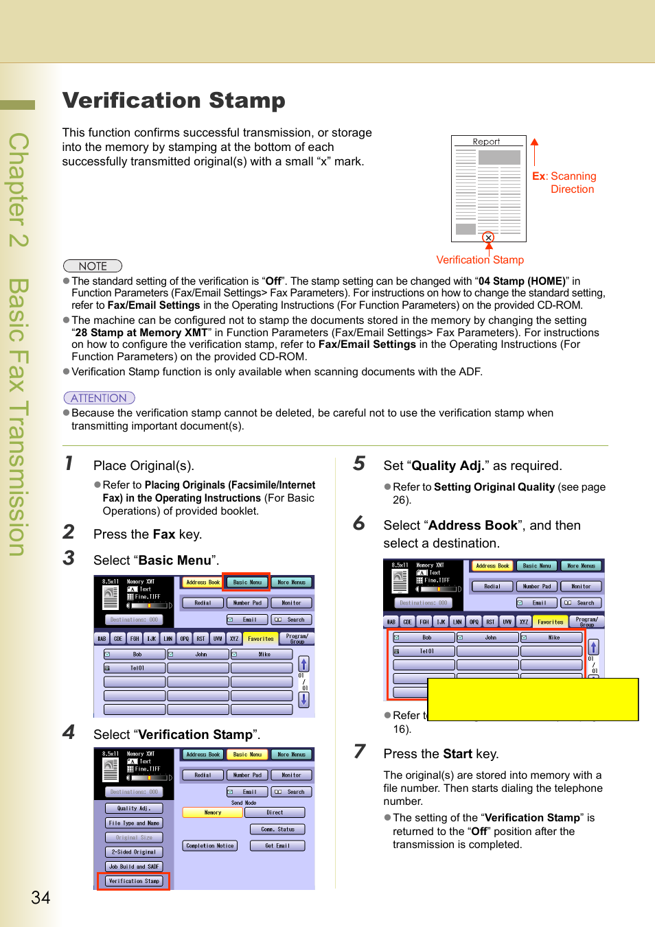 Verification stamp, Chapter 2 basic fax transmission | Panasonic DP-C354 User Manual | Page 34 / 220