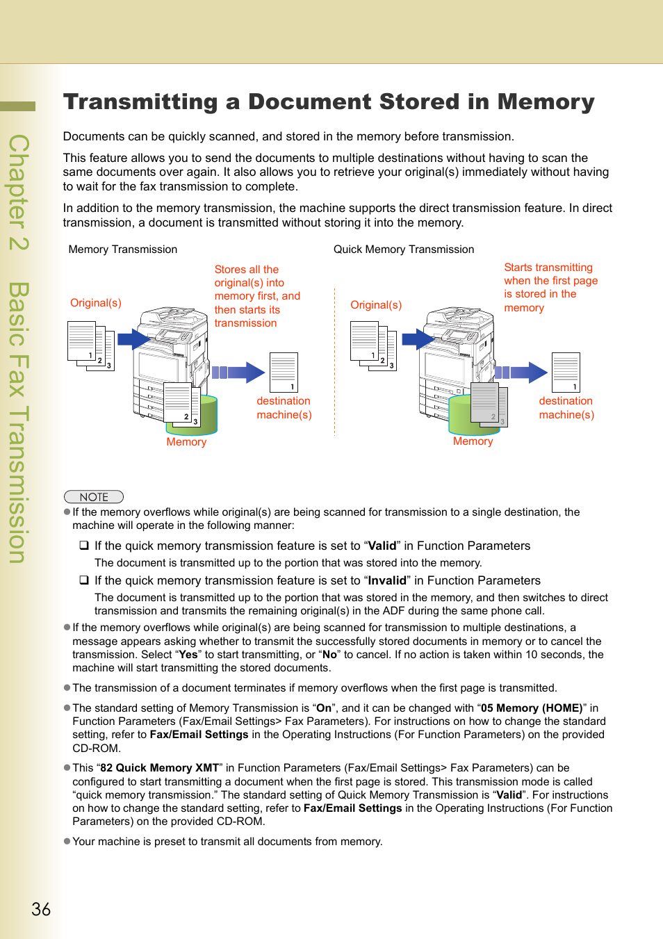 Transmitting a document stored in memory, Chapter 2 basic fax transmission | Panasonic DP-C354 User Manual | Page 36 / 220