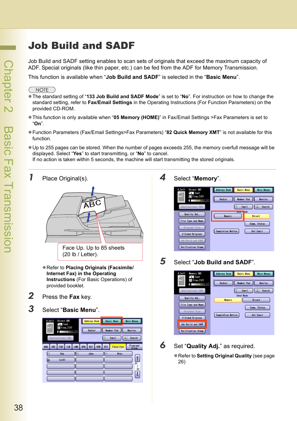 Job build and sadf, Chapter 2 basic fax transmission | Panasonic DP-C354 User Manual | Page 38 / 220