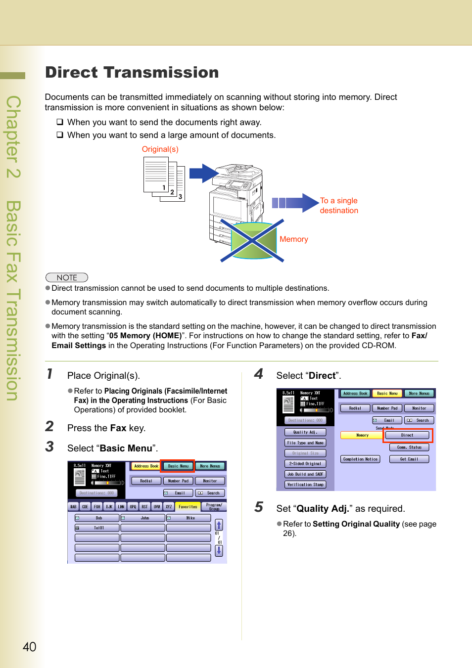 Direct transmission, Chapter 2 basic fax transmission | Panasonic DP-C354 User Manual | Page 40 / 220