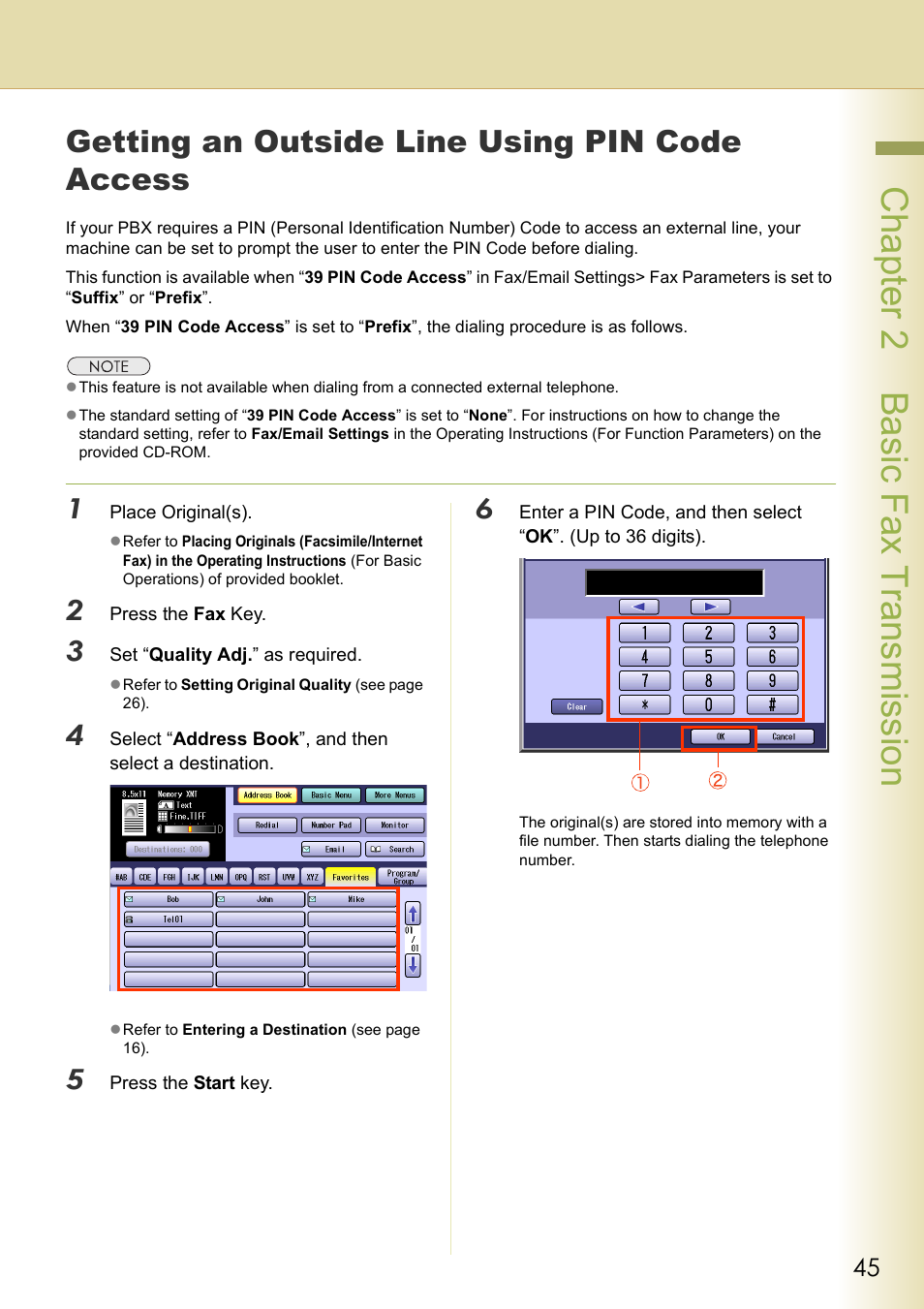 Getting an outside line using pin code access, Chapter 2 basic fax transmission | Panasonic DP-C354 User Manual | Page 45 / 220