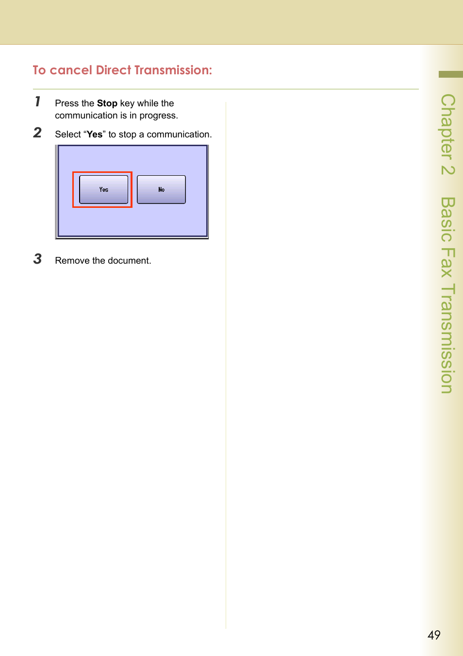 To cancel direct transmission, Chapter 2 basic fax transmission | Panasonic DP-C354 User Manual | Page 49 / 220