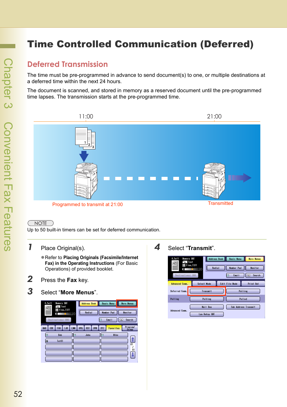 Convenient fax features, Time controlled communication (deferred), Deferred transmission | Chapter 3 convenient fax features, Chapter 3 convenient fax f eatures | Panasonic DP-C354 User Manual | Page 52 / 220