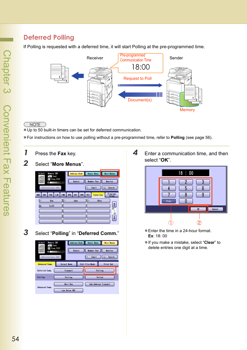 Deferred polling, Chapter 3 convenient fax f eatures | Panasonic DP-C354 User Manual | Page 54 / 220