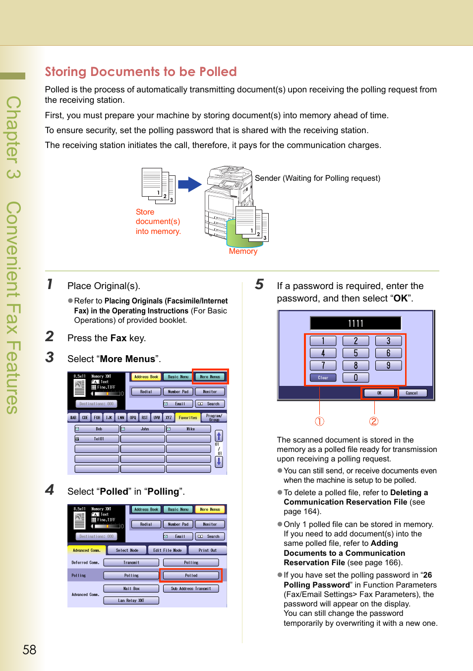Storing documents to be polled, Chapter 3 convenient fax f eatures | Panasonic DP-C354 User Manual | Page 58 / 220