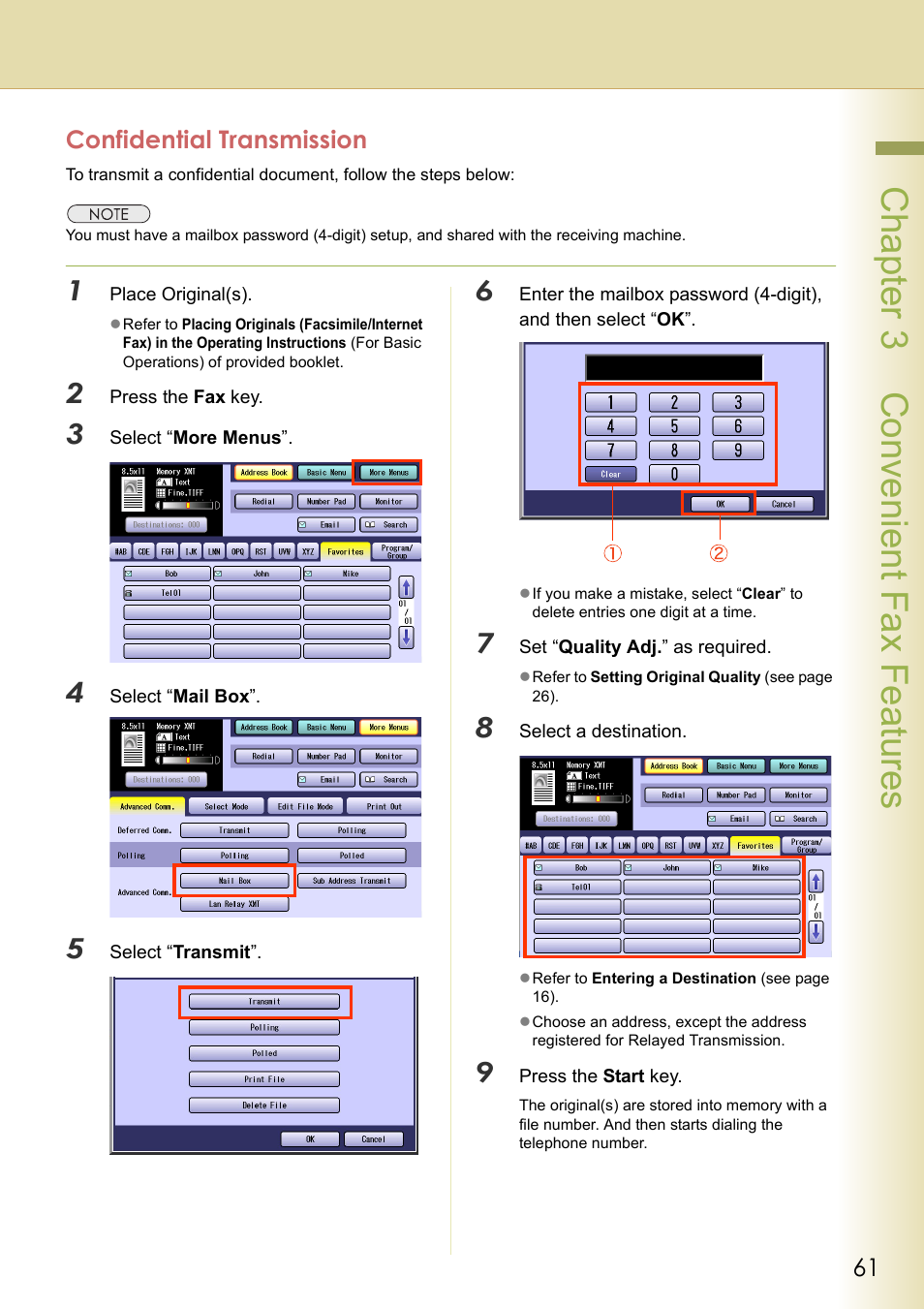 Confidential transmission, Chapter 3 convenient fax f eatures | Panasonic DP-C354 User Manual | Page 61 / 220