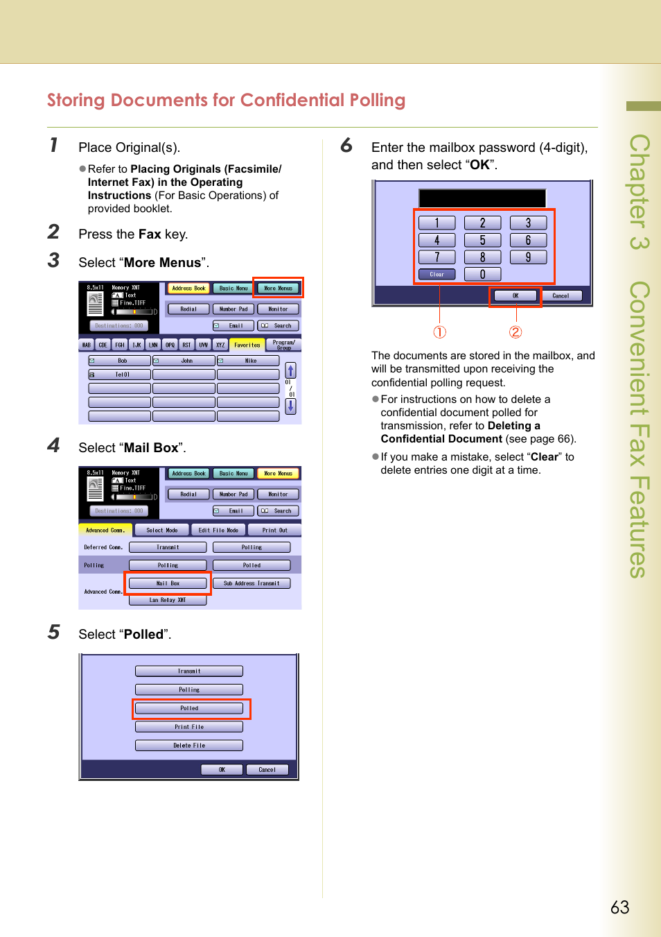 Storing documents for confidential polling, Chapter 3 convenient fax f eatures | Panasonic DP-C354 User Manual | Page 63 / 220