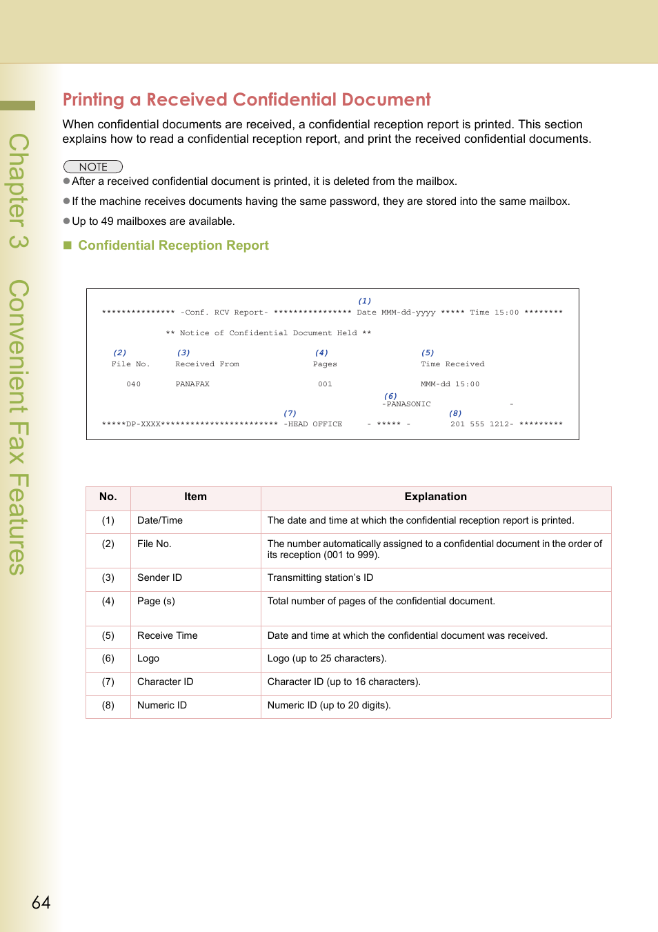 Printing a received confidential document, Chapter 3 convenient fax f eatures, Confidential reception report | Panasonic DP-C354 User Manual | Page 64 / 220