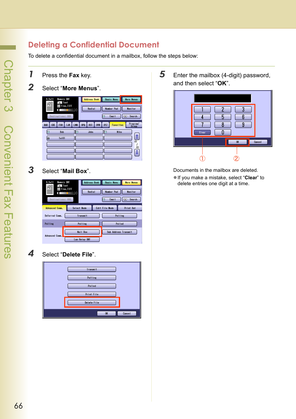 Deleting a confidential document, Chapter 3 convenient fax f eatures | Panasonic DP-C354 User Manual | Page 66 / 220