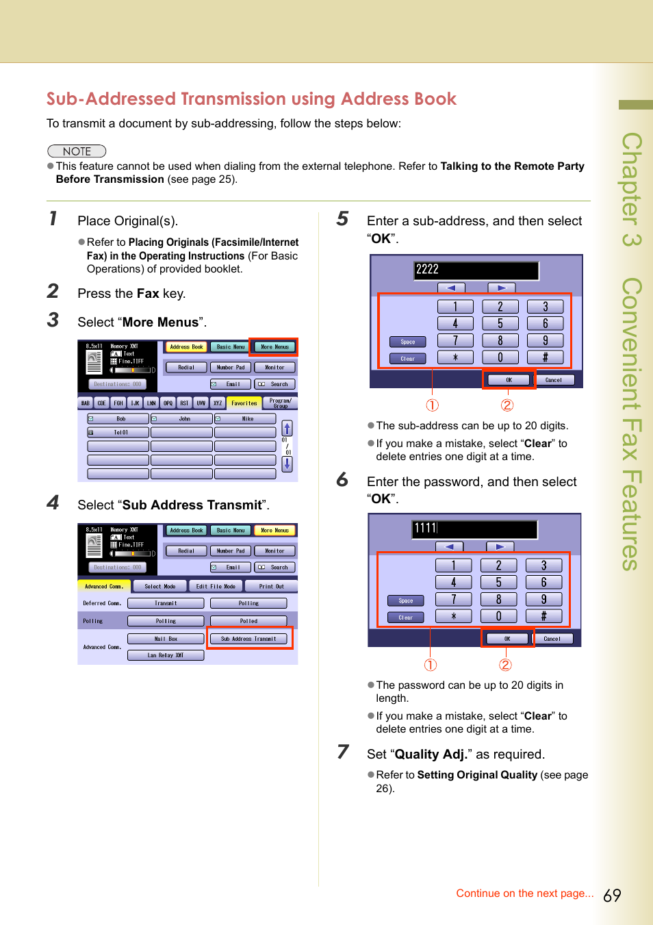 Sub-addressed transmission using address book, Chapter 3 convenient fax f eatures | Panasonic DP-C354 User Manual | Page 69 / 220