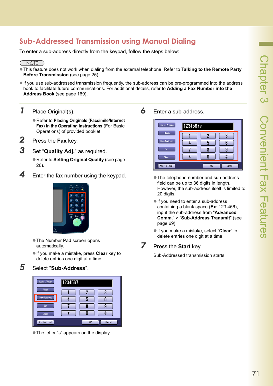 Sub-addressed transmission using manual dialing, Chapter 3 convenient fax f eatures | Panasonic DP-C354 User Manual | Page 71 / 220