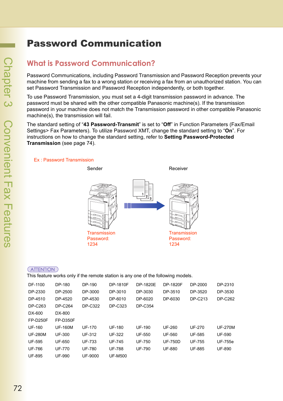 Password communication, What is password communication, Chapter 3 convenient fax f eatures | Panasonic DP-C354 User Manual | Page 72 / 220