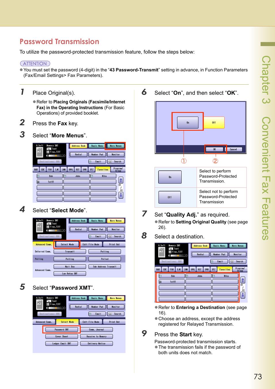 Password transmission, Chapter 3 convenient fax f eatures | Panasonic DP-C354 User Manual | Page 73 / 220